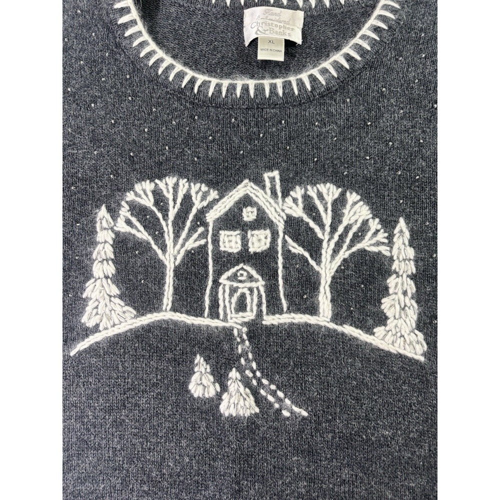 Christopher & Banks Hand Embroidered Winter Scene Sweater Gray XL